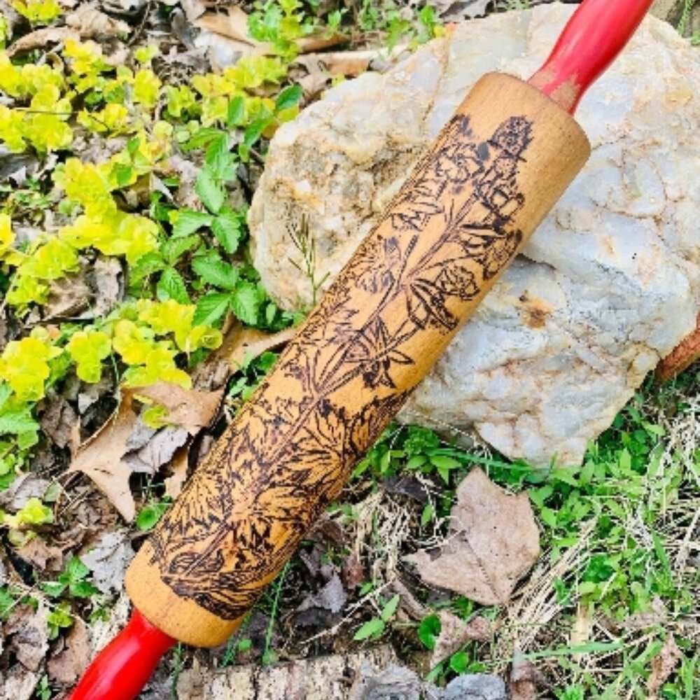 Hand Drawn/Pyrography of Buttercups Red Handled Maple Wooden 18" Rolling Pin